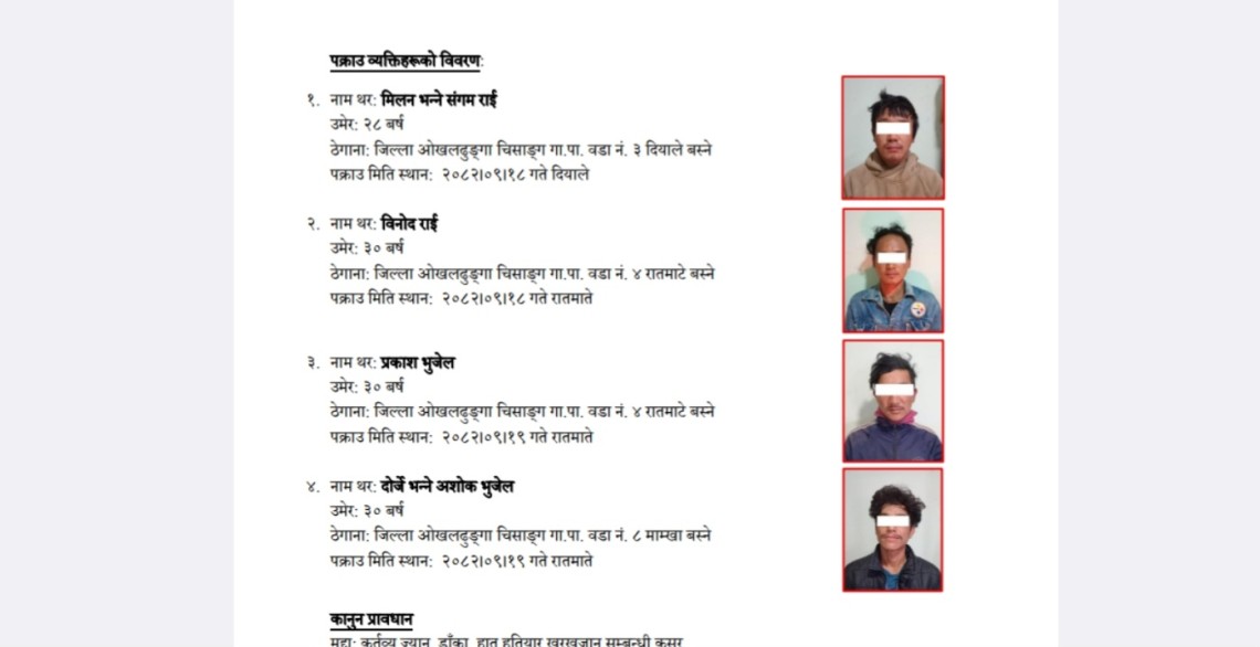 भदौरे र चार्खुमा श्रृङ्खलाबद्ध हत्या र लुटपाटमा संलग्न ४ जनालाई ओखलढुंगा प्रहरीद्वारा पक्राउ